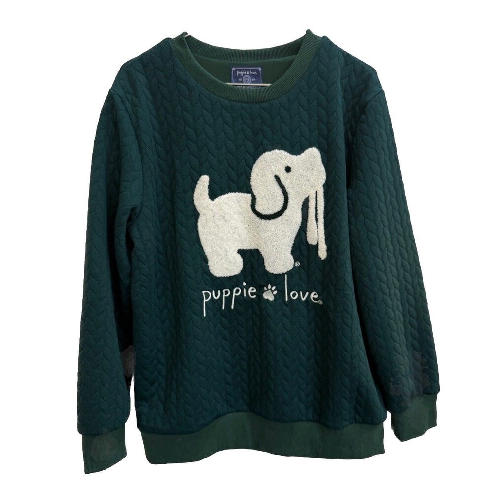 Puppie Love Womens Sz Medium Chenille Embroidered Sweater Forest Green